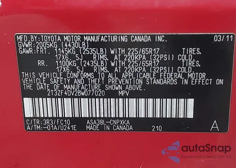 2011 Toyota Rav4 from USA, damaged, VIN 2T3ZF4DV2BW077020